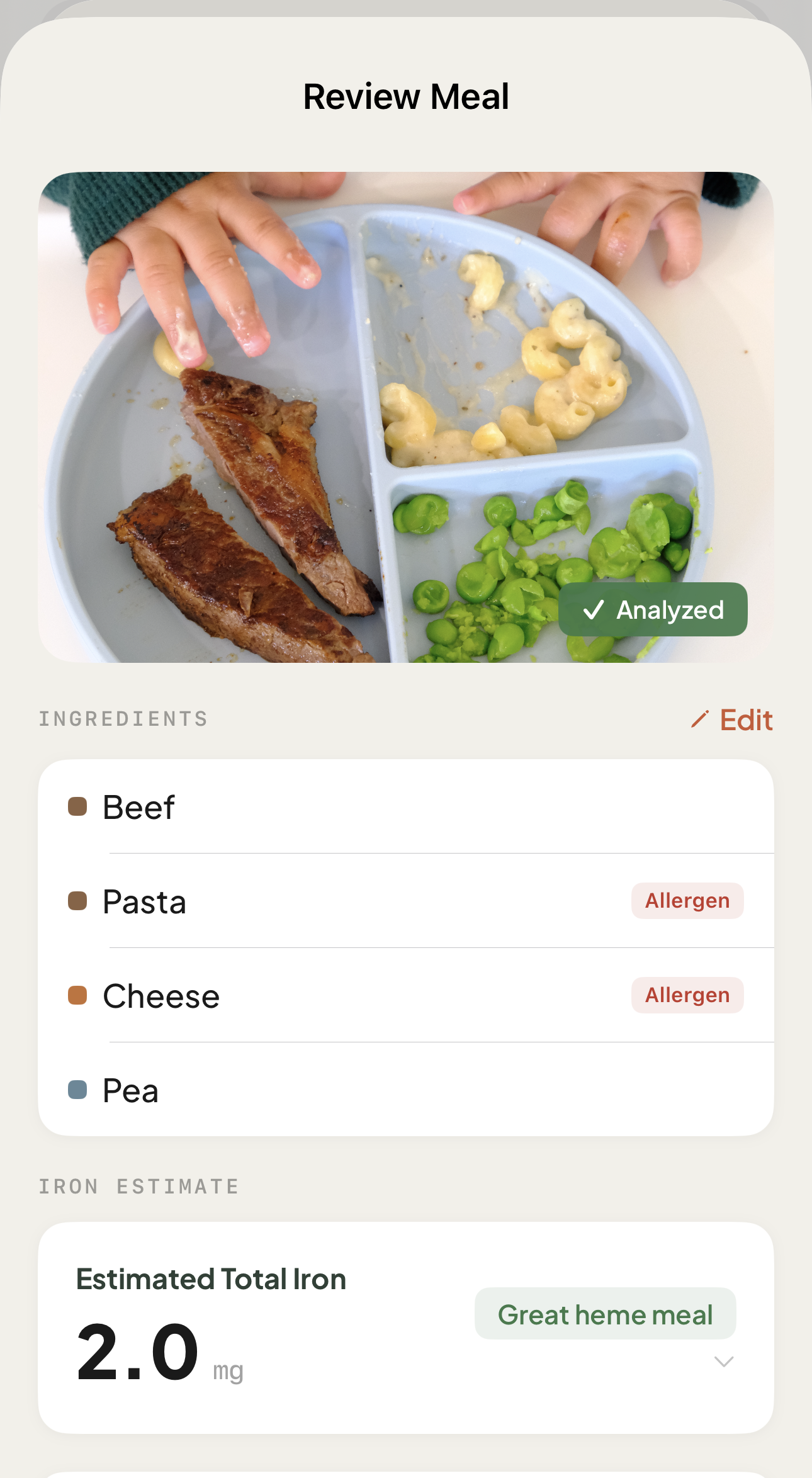 AI photo logging detecting beef, pasta, cheese and peas with a heme iron estimate