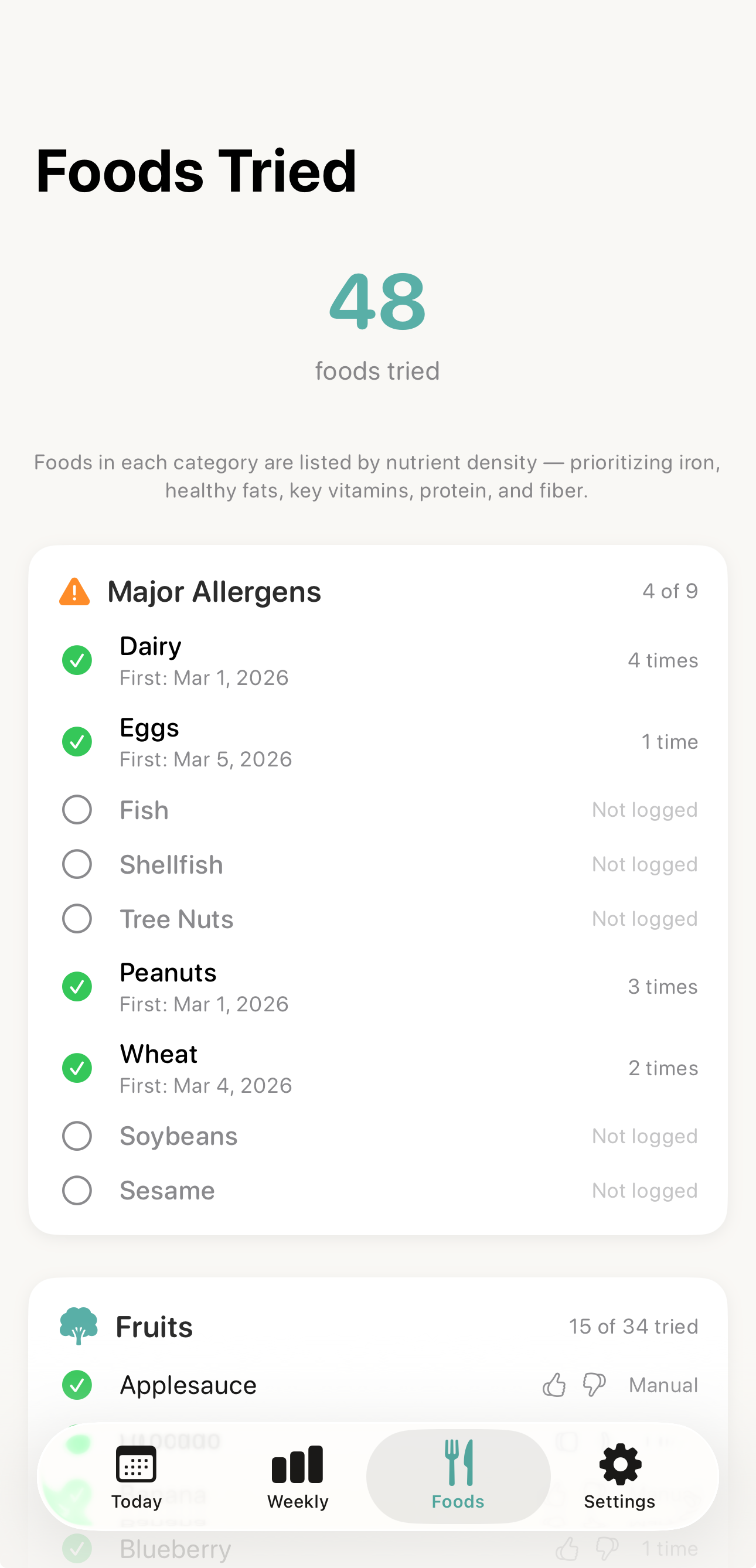 Foods Tried log showing allergen tracking and food categories