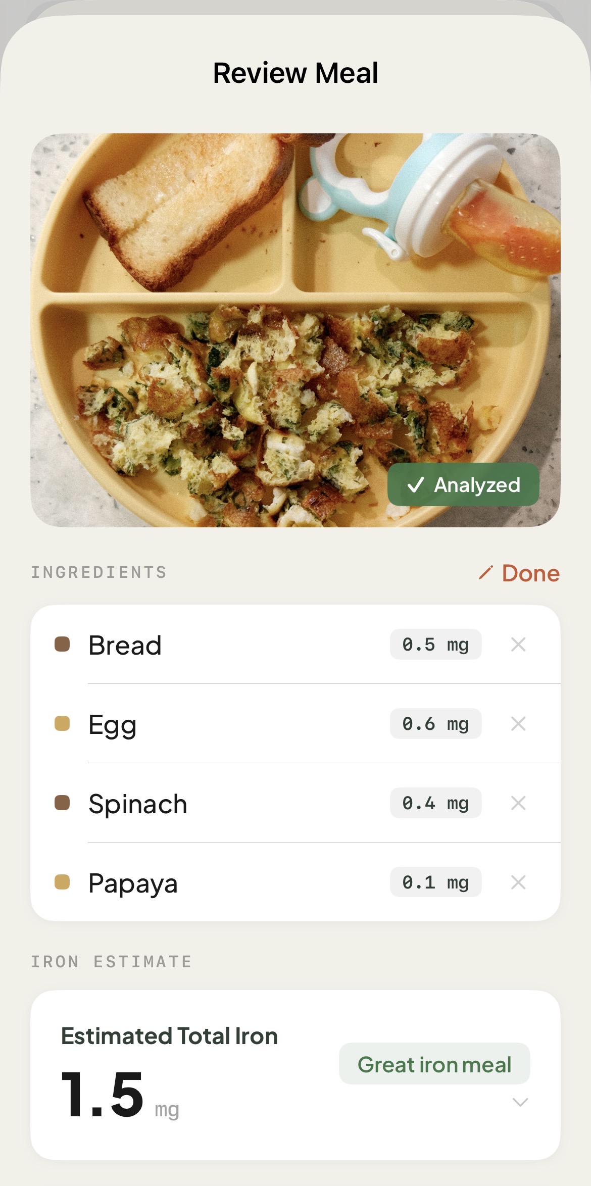 AI photo logging detecting bread, egg, spinach and papaya with 1.5mg iron estimate