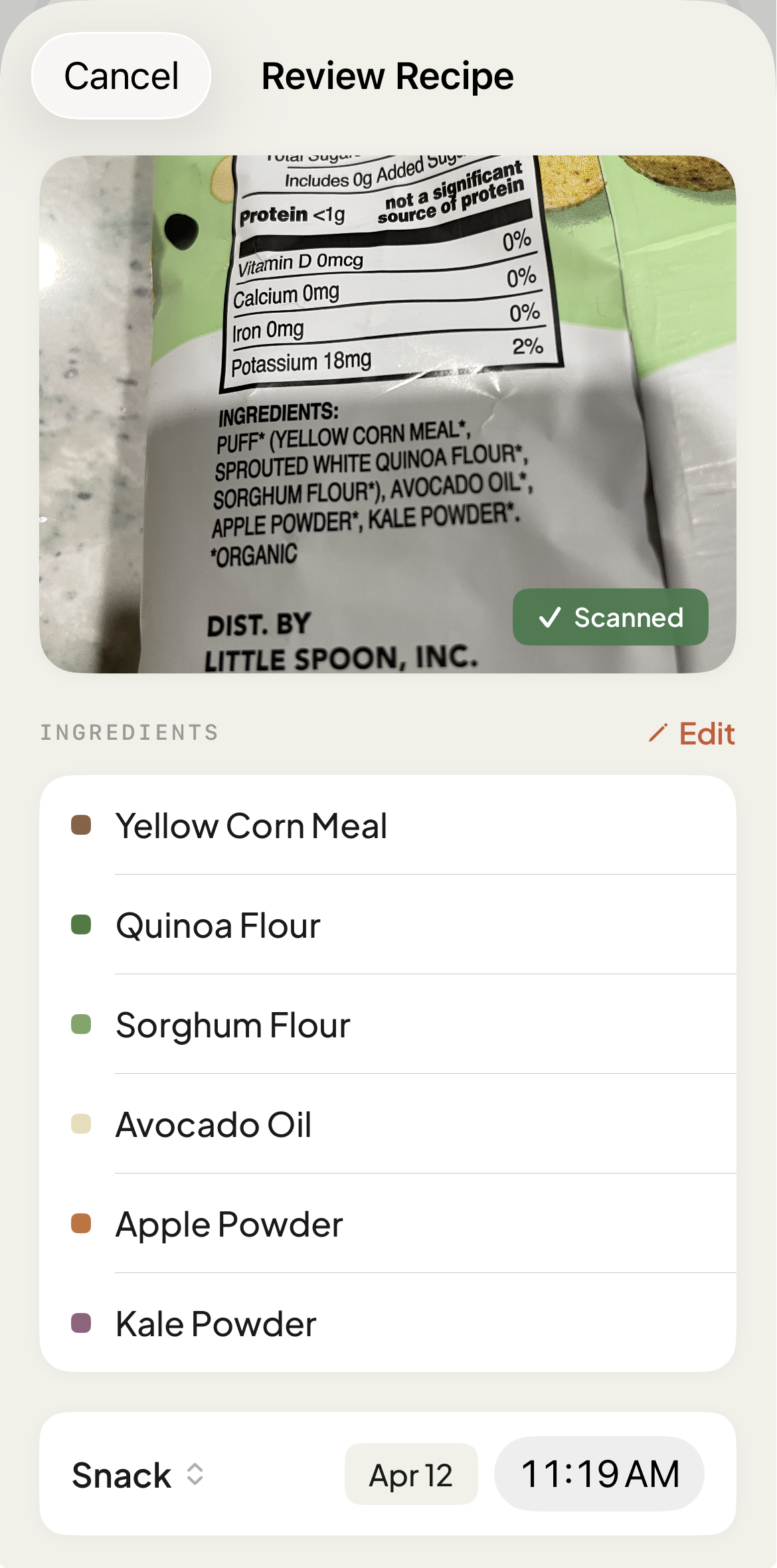 Smart Scan reading nutrition label showing yellow corn meal, quinoa flour, sorghum flour, avocado oil, apple powder and kale powder