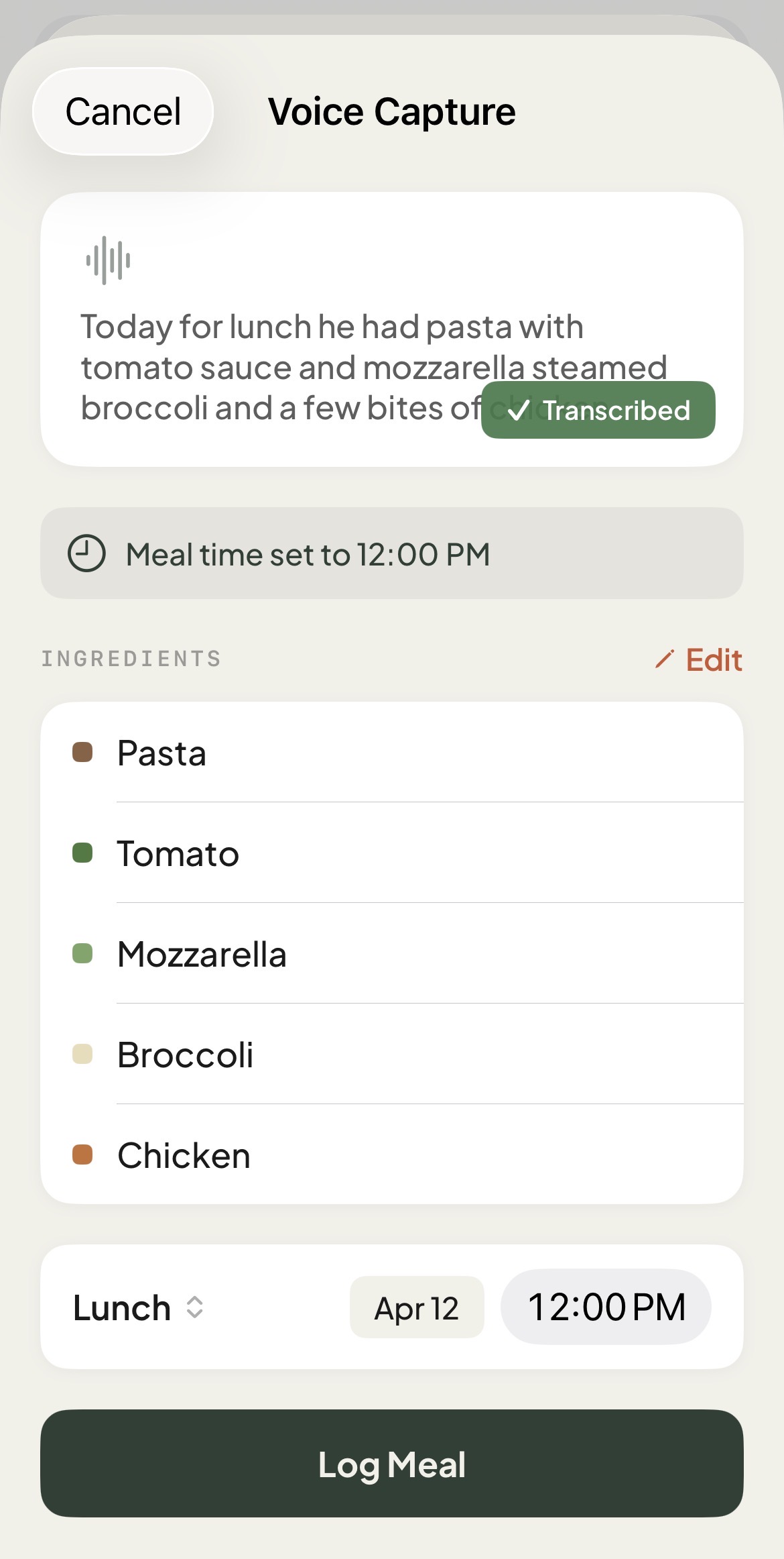 Voice capture transcribing pasta, tomato, mozzarella, broccoli and chicken with meal time auto-detected
